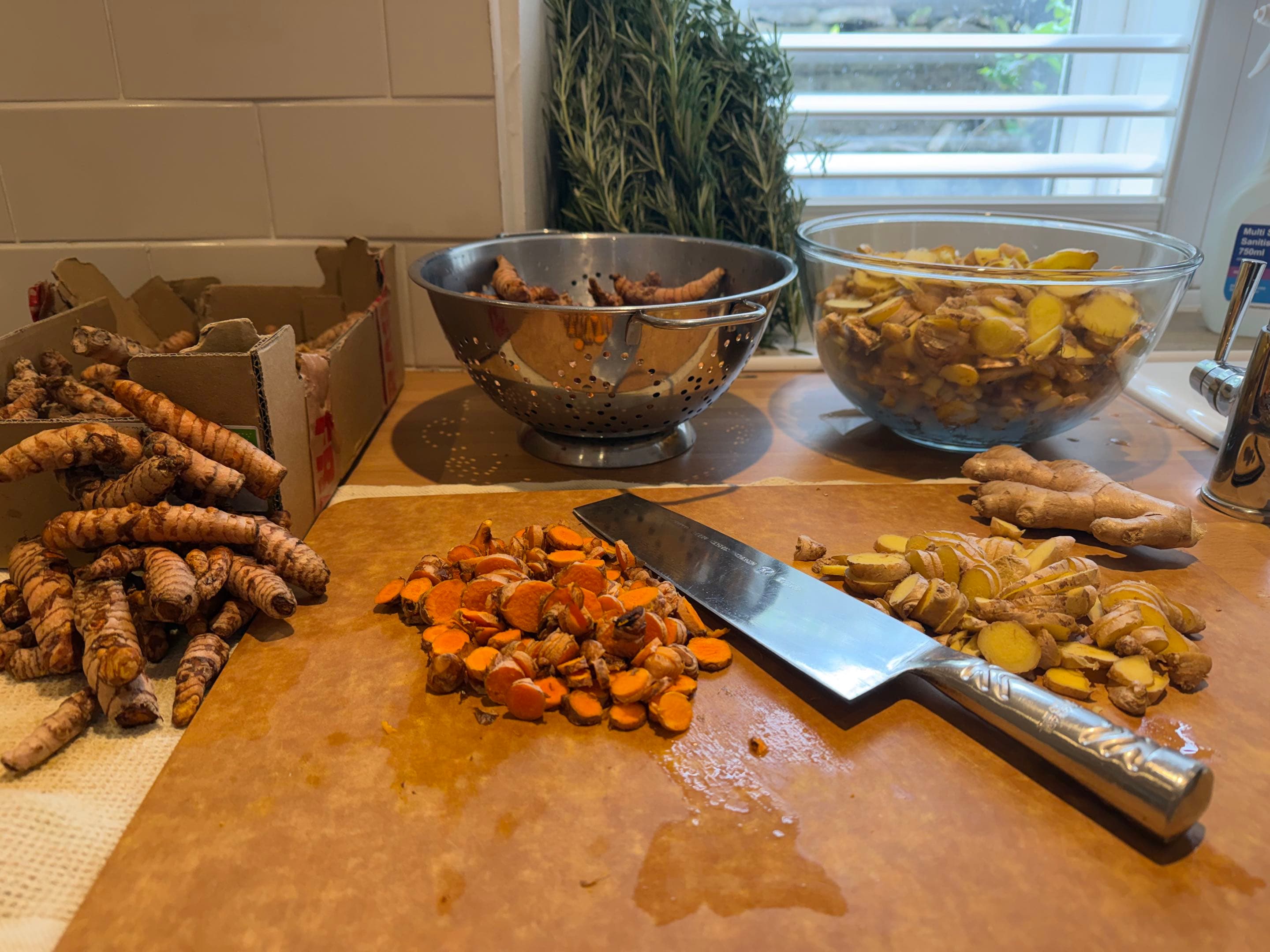 Fresh ginger and turmeric sliced and vacuum-sealed, ready for the next batch